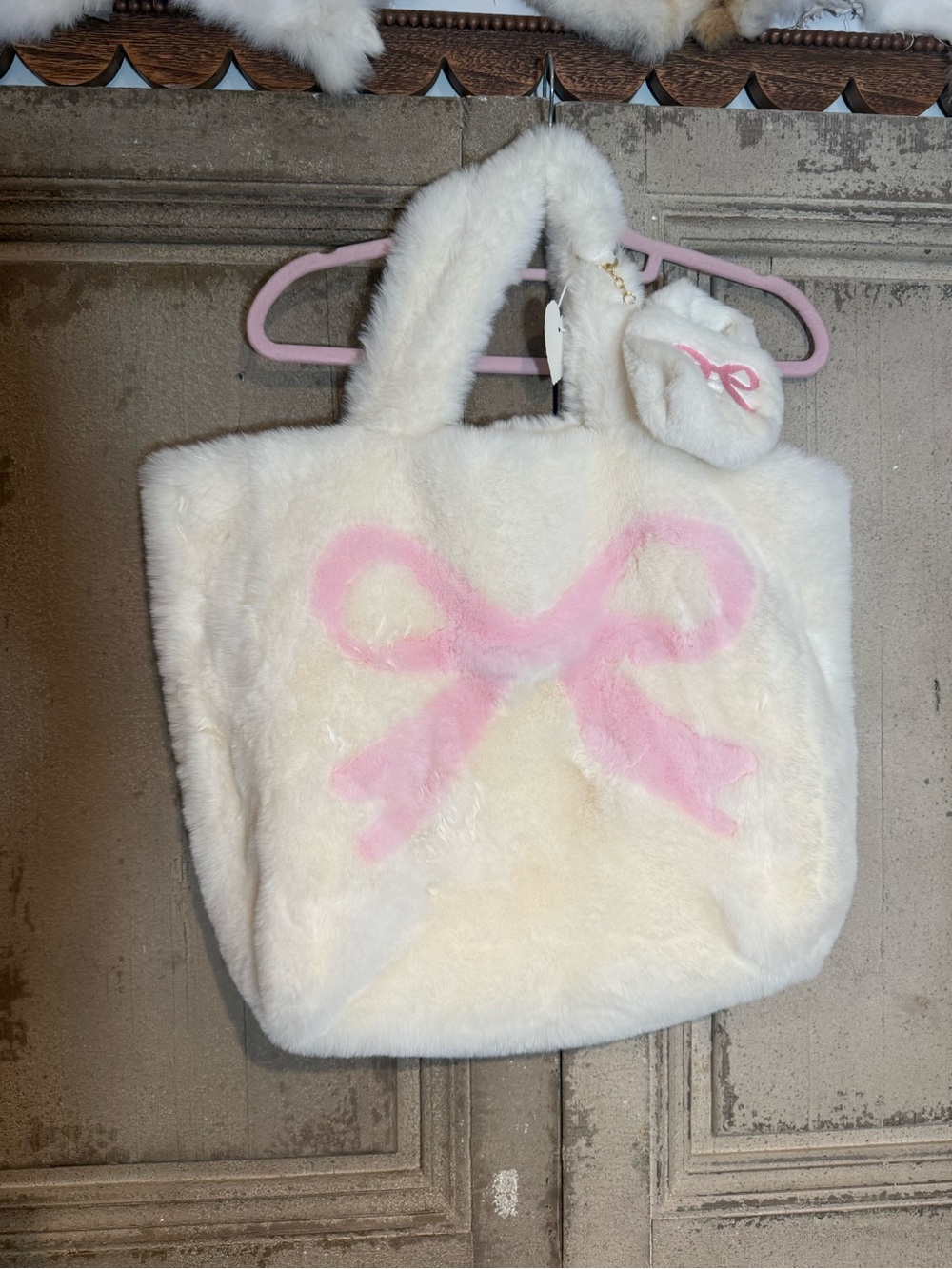Plush White & Pink Bow Kids Tote Bag